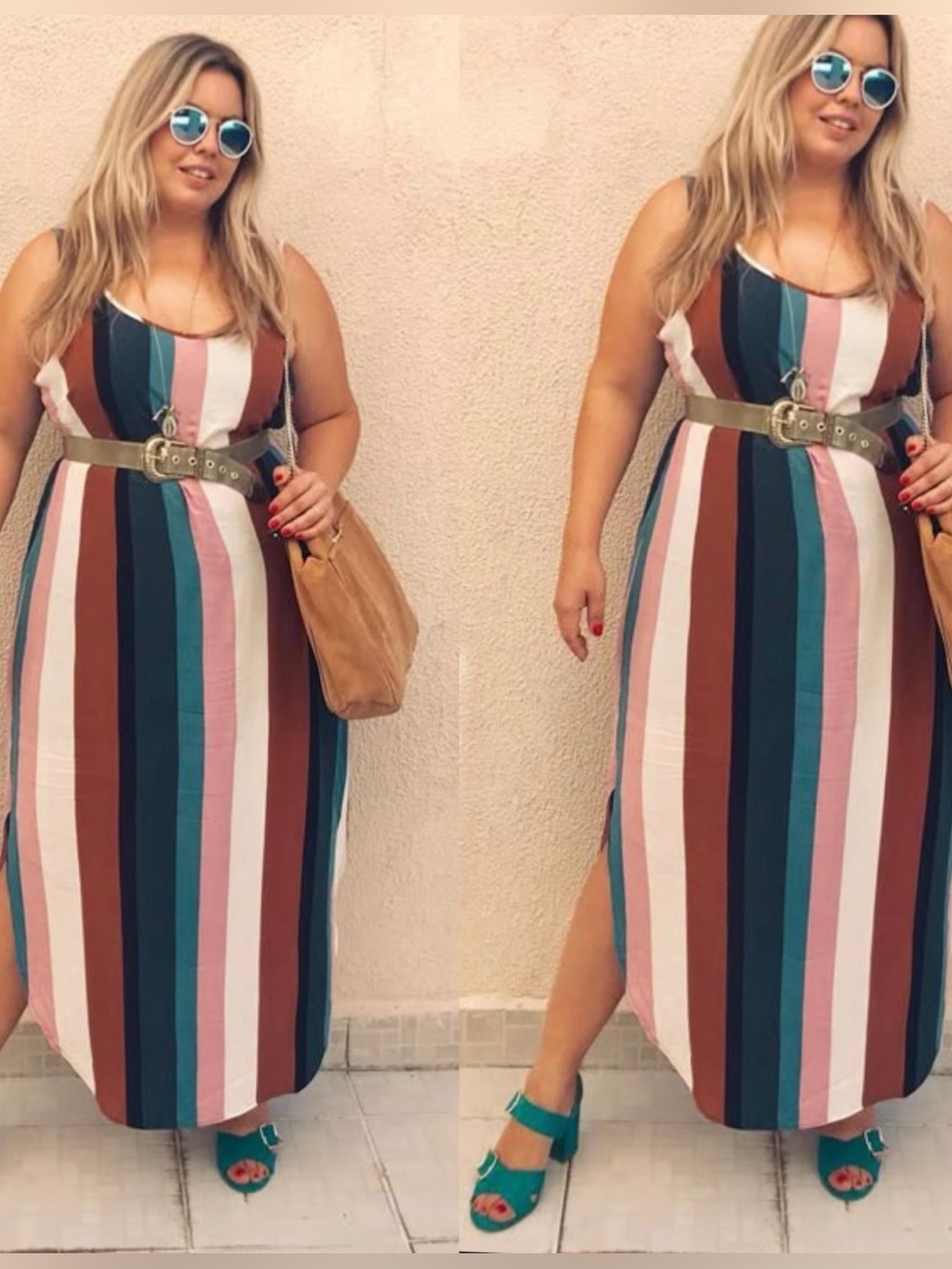 ODDY Striped Multicolor Slip Dress- Pink, Brown & Green size S - Picture 3 of 9